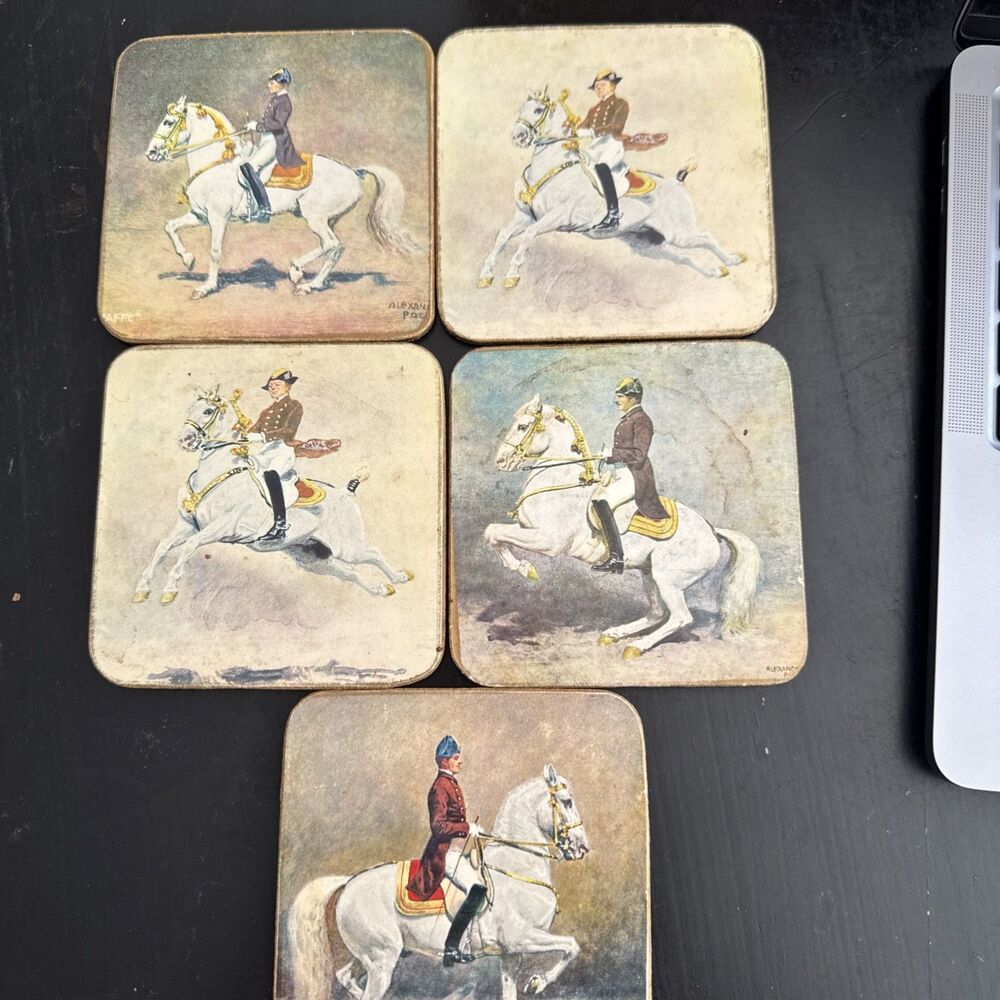 Vintage Alexander Pock Modern Riding School Sheraton Set of Five Coasters Horses